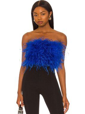 💥CHIC SEXY GLAM!💥LAMARQUE x REVOLVE ZAINA COBALT LUXURIOUS OSTRICH FEATHER TOP